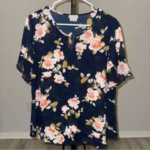 Van Heusen Women’s Size Large Navy Blue Pink Floral Key Hole Short Sleeve Blouse